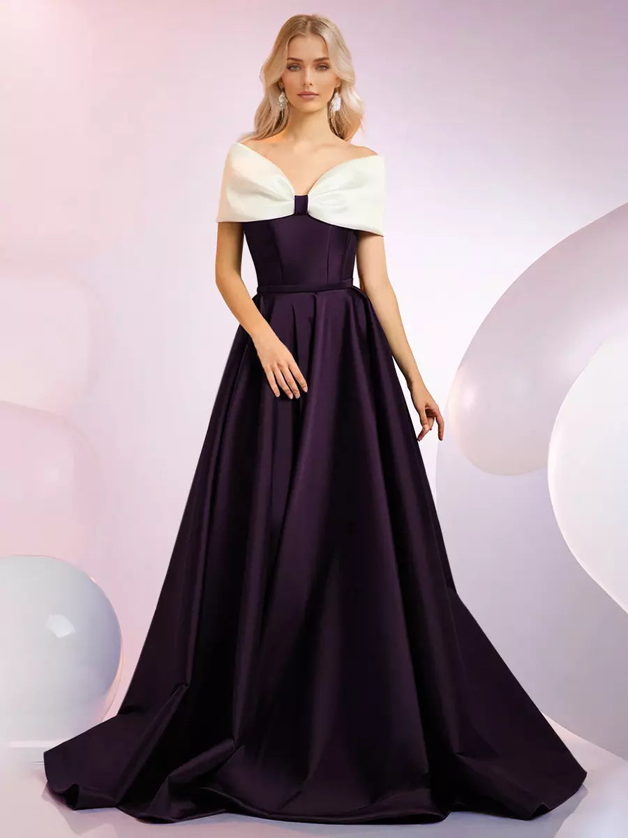 Elegant A-Line Neckline Sweep Short Sleeves Zipper Bows Satin Dresses