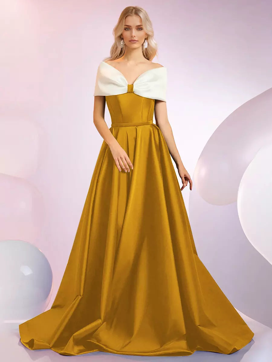 Elegant A-Line Neckline Sweep Short Sleeves Zipper Bows Satin Dresses