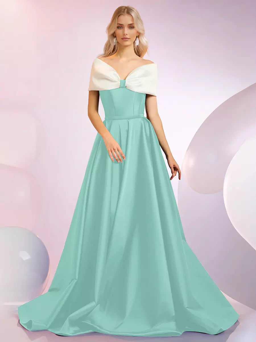 Elegant A-Line Neckline Sweep Short Sleeves Zipper Bows Satin Dresses