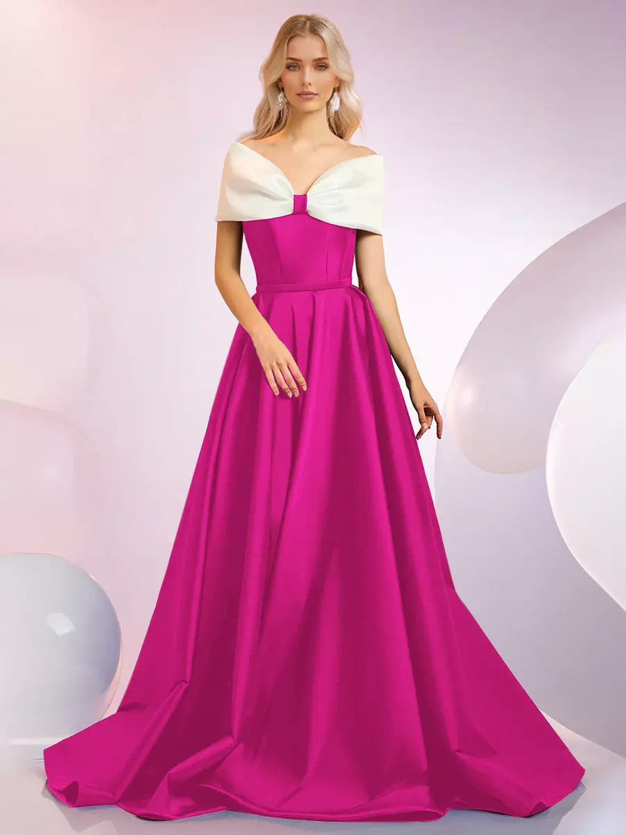 Elegant A-Line Neckline Sweep Short Sleeves Zipper Bows Satin Dresses