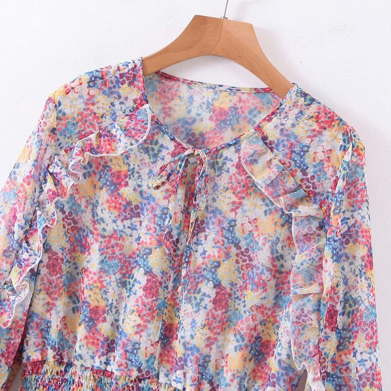 Elegant A Line Ruffles Floral Print Mini Dress