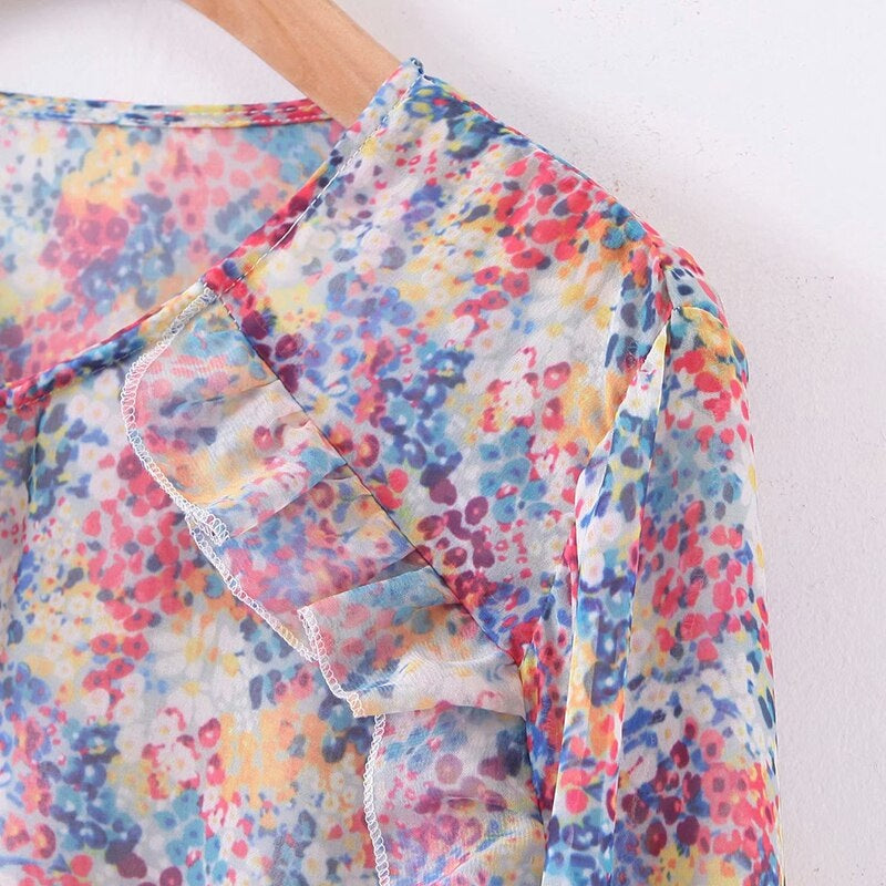 Elegant A Line Ruffles Floral Print Mini Dress