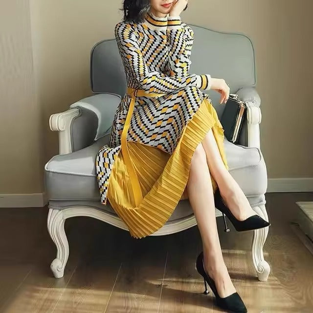 Elegant A-Line Sashes Geometric Pleated Patchwork Midi Dress
