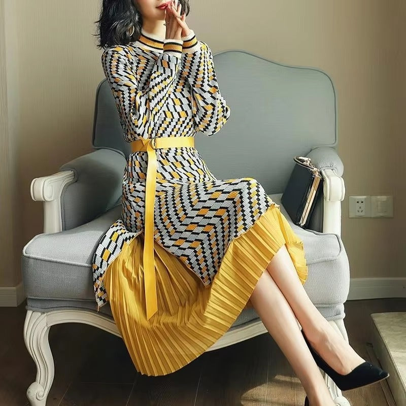Elegant A-Line Sashes Geometric Pleated Patchwork Midi Dress