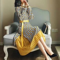 Elegant A-Line Sashes Geometric Pleated Patchwork Midi Dress