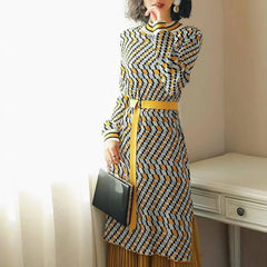 Elegant A-Line Sashes Geometric Pleated Patchwork Midi Dress