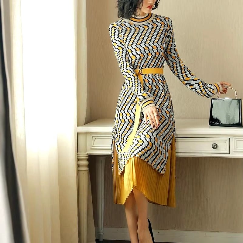 Elegant A-Line Sashes Geometric Pleated Patchwork Midi Dress