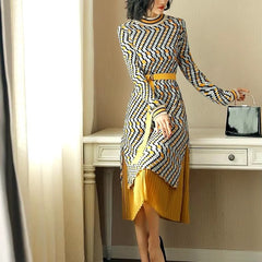 Elegant A-Line Sashes Geometric Pleated Patchwork Midi Dress