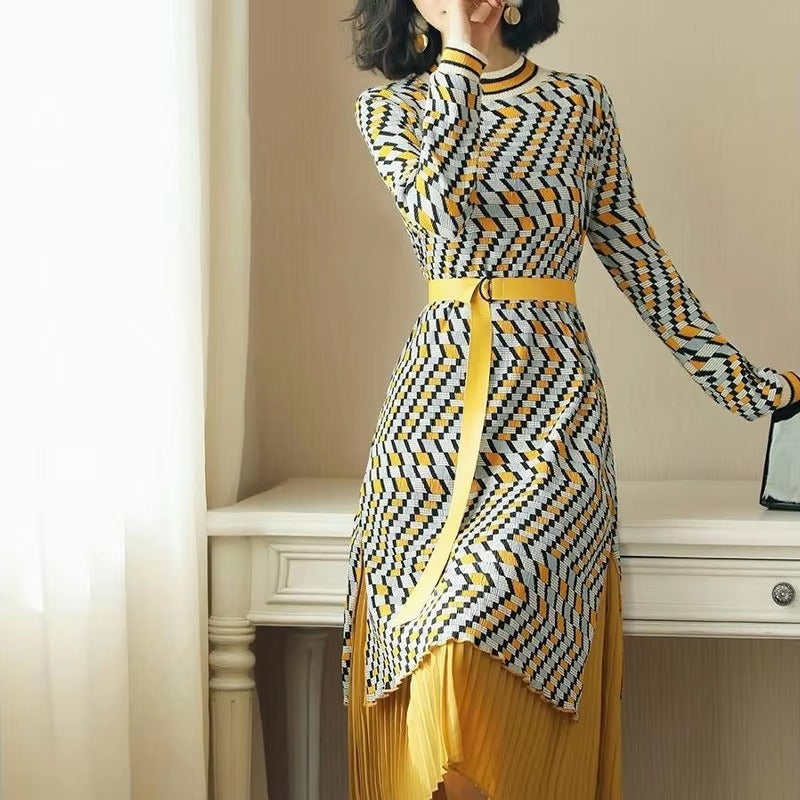 Elegant A-Line Sashes Geometric Pleated Patchwork Midi Dress