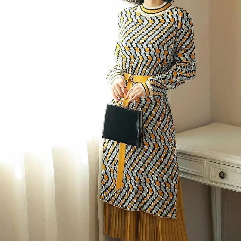Elegant A-Line Sashes Geometric Pleated Patchwork Midi Dress