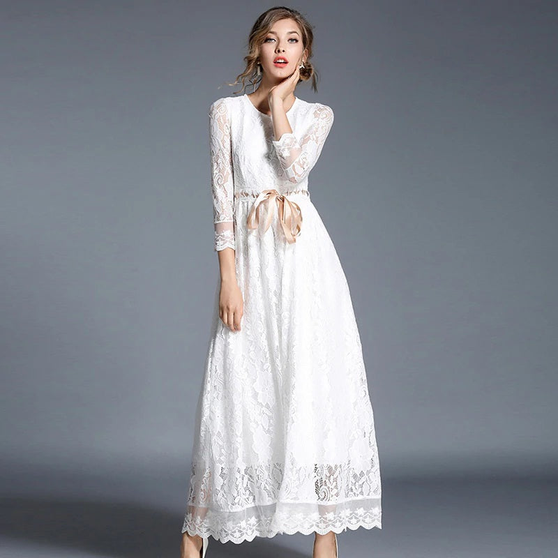 Elegant A-Line Slim office lady lace Hollow Out long dress