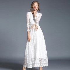 Elegant A-Line Slim office lady lace Hollow Out long dress