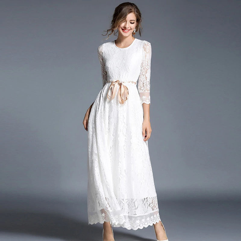 Elegant A-Line Slim office lady lace Hollow Out long dress