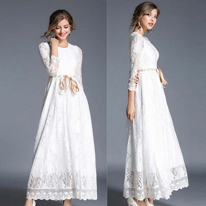 Elegant A-Line Slim office lady lace Hollow Out long dress