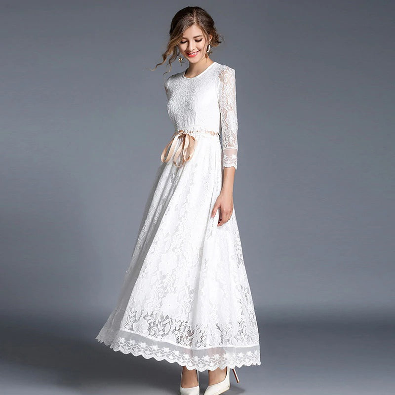 Elegant A-Line Slim office lady lace Hollow Out long dress