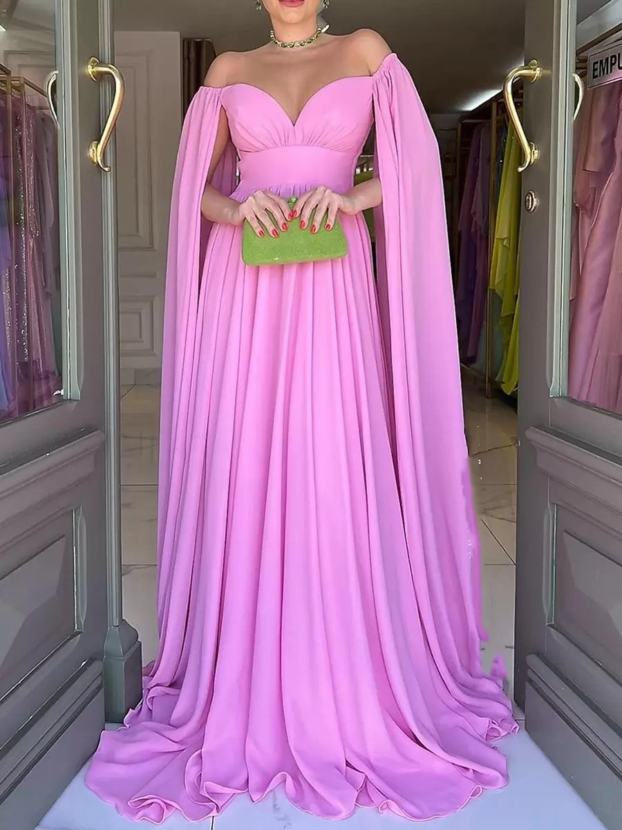 Elegant A-Line Sweetheart Neck Chiffon With Train Pleated Social Party Evening Dress