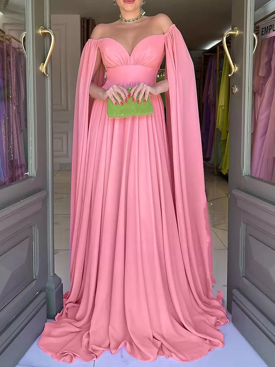 Elegant A-Line Sweetheart Neck Chiffon With Train Pleated Social Party Evening Dress