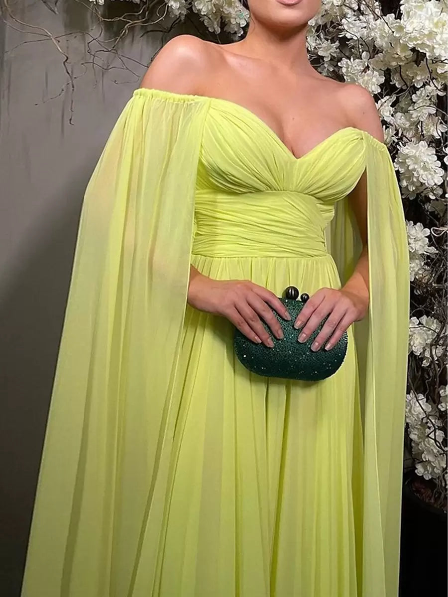 Elegant A-Line Sweetheart Neck Chiffon With Train Pleated Social Party Evening Dress