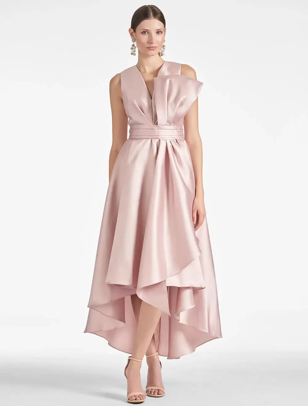 Elegant A-Line Tea-Length V-Neck Bows Satin Fabric Sleeveless Dress