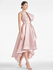 Elegant A-Line Tea-Length V-Neck Bows Satin Fabric Sleeveless Dress