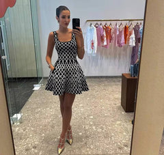 Elegant A-line Plaid Side Pocket Knitted Mini Dress