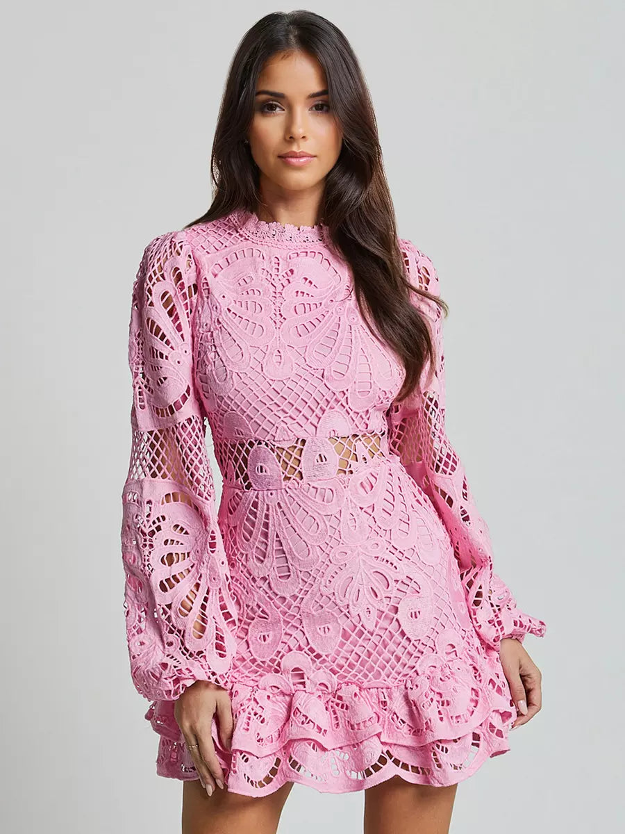 Elegant A-line Stand Collar Zipper Puff Sleeve Lace Mini Dress