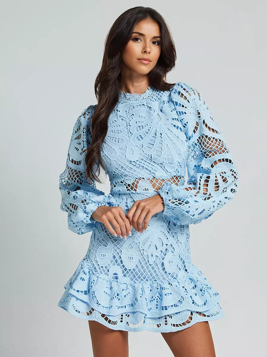 Elegant A-line Stand Collar Zipper Puff Sleeve Lace Mini Dress