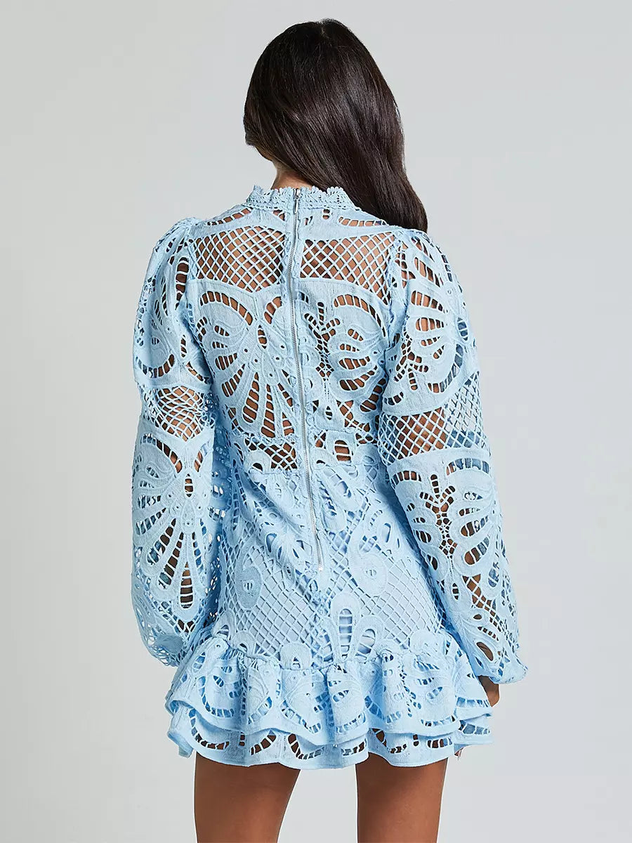 Elegant A-line Stand Collar Zipper Puff Sleeve Lace Mini Dress