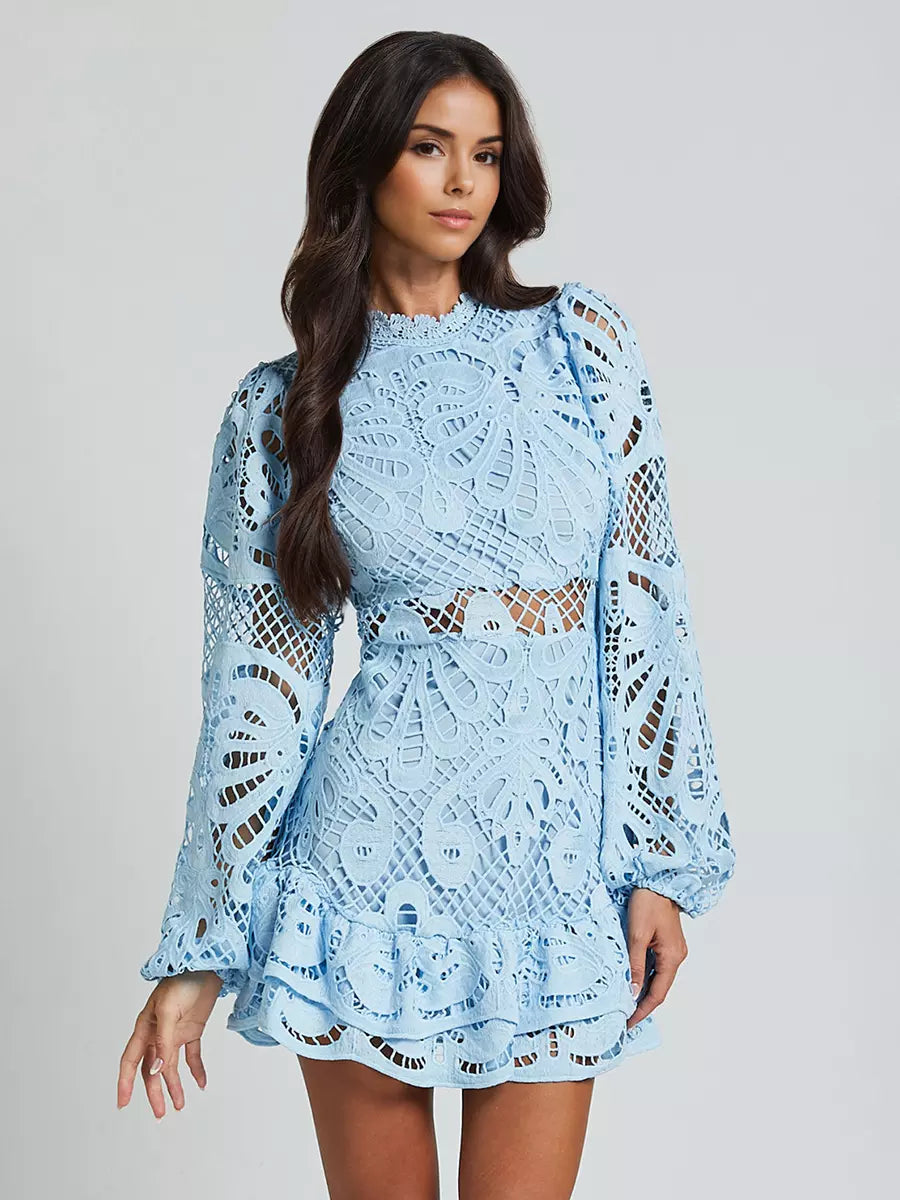 Elegant A-line Stand Collar Zipper Puff Sleeve Lace Mini Dress
