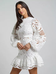 Elegant A-line Stand Collar Zipper Puff Sleeve Lace Mini Dress