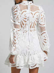 Elegant A-line Stand Collar Zipper Puff Sleeve Lace Mini Dress