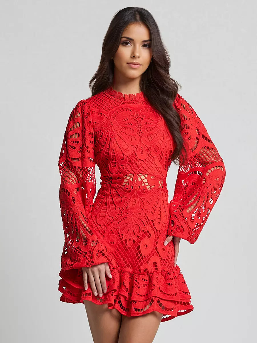 Elegant A-line Stand Collar Zipper Puff Sleeve Lace Mini Dress