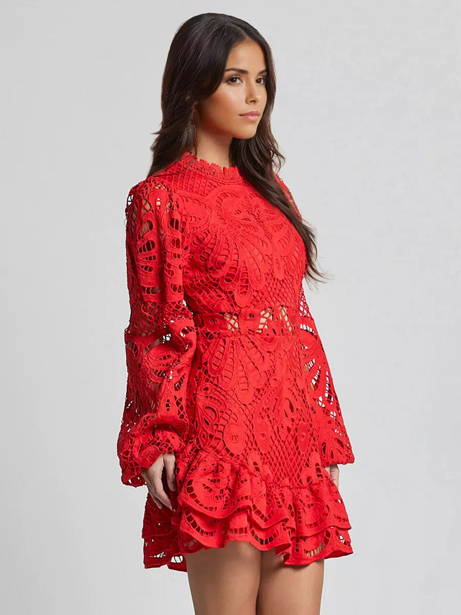Elegant A-line Stand Collar Zipper Puff Sleeve Lace Mini Dress