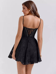Elegant A-line Strap Floral Jacquard Lace Up Mini Dress