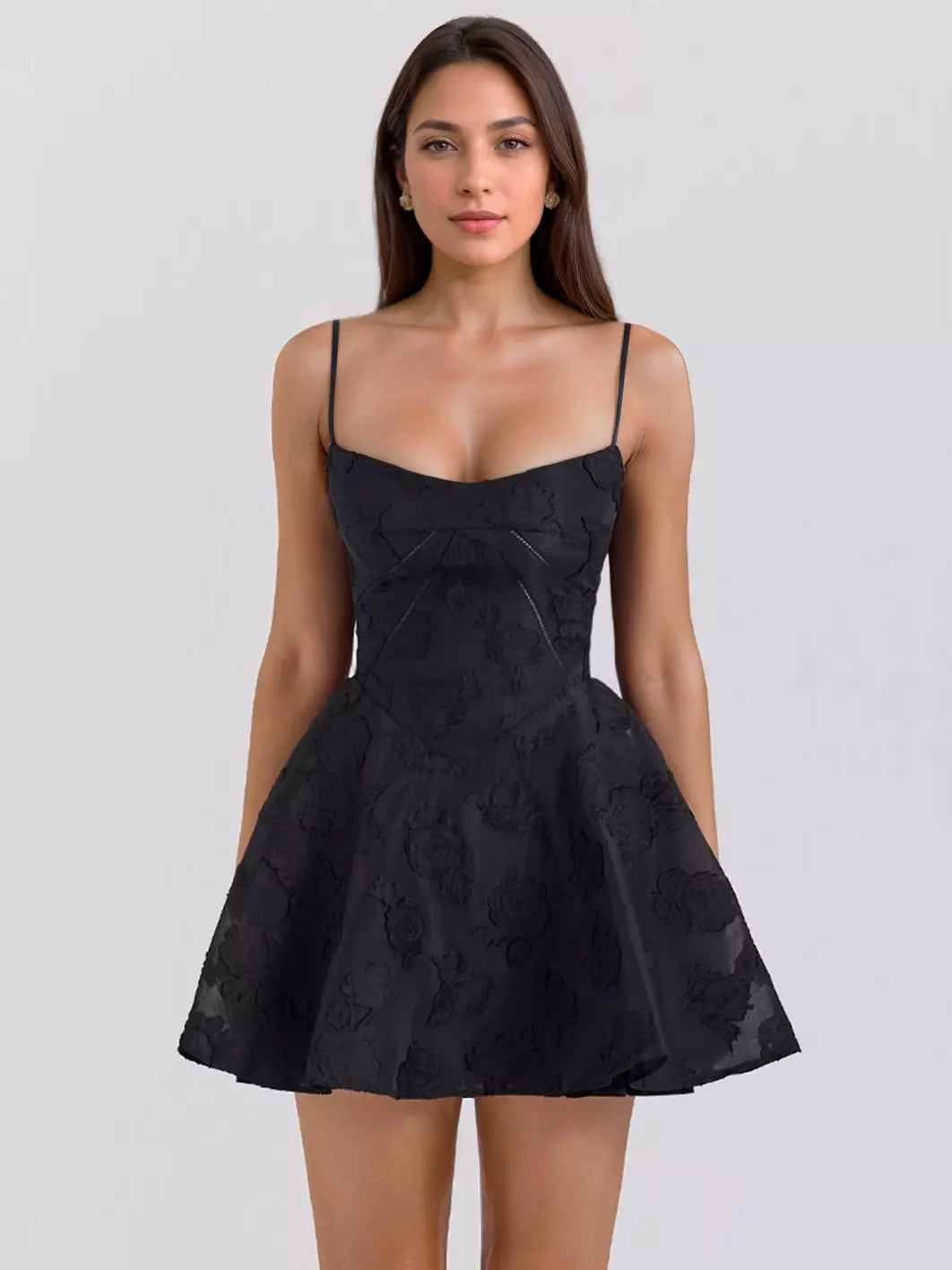 Elegant A-line Strap Floral Jacquard Lace Up Mini Dress