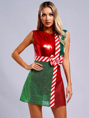 Elegant Above-knee Santa Christmas Shiny Party Mini
