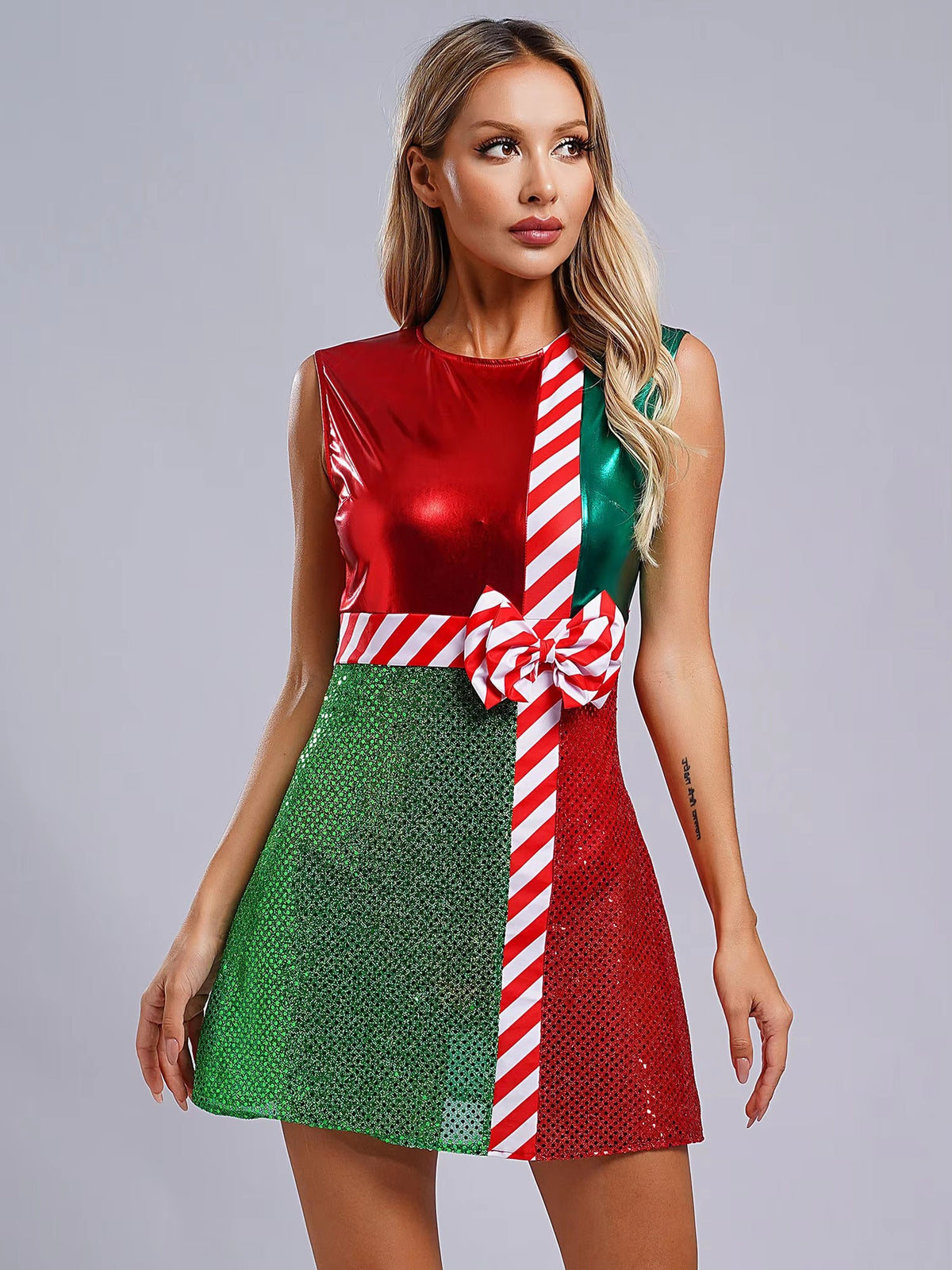 Elegant Above-knee Santa Christmas Shiny Party Mini