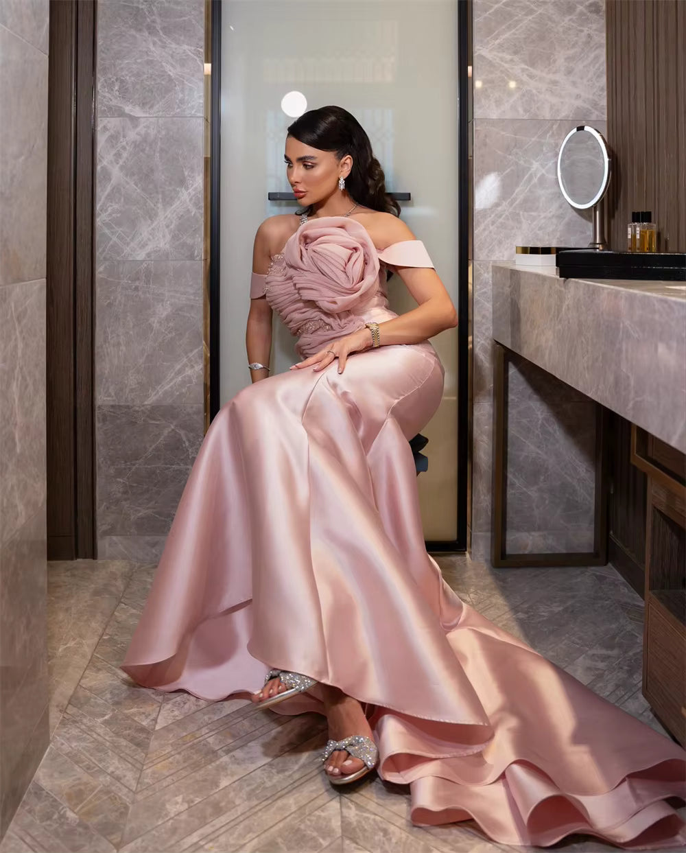 Elegant Acetate Off Shoulder 3D Flower Prom Floor-Length Maxi Dress