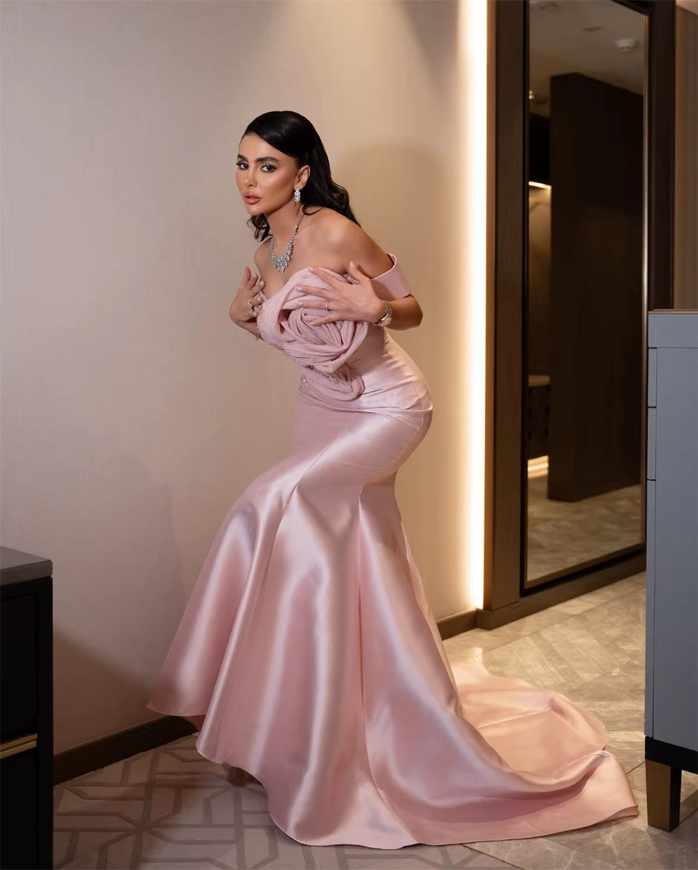 Elegant Acetate Off Shoulder 3D Flower Prom Floor-Length Maxi Dress
