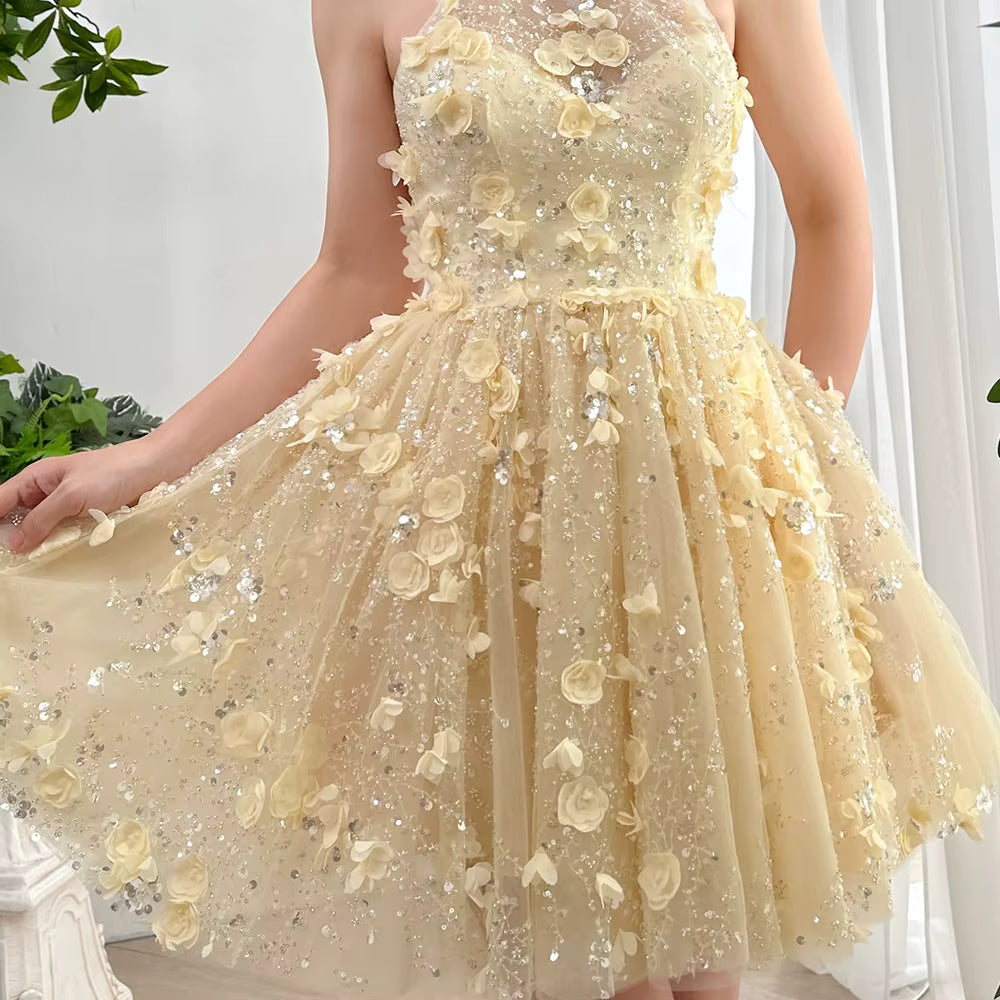 Elegant Acrylic 3D Flowers Halter Neck Sequins Prom Mini Dress