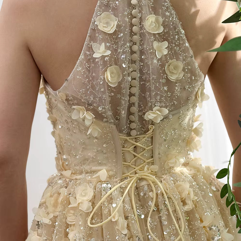 Elegant Acrylic 3D Flowers Halter Neck Sequins Prom Mini Dress