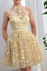 Elegant Acrylic 3D Flowers Halter Neck Sequins Prom Mini Dress