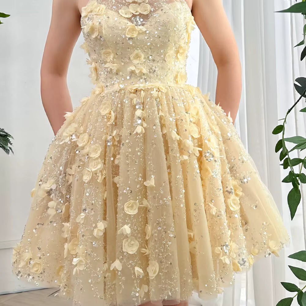 Elegant Acrylic 3D Flowers Halter Neck Sequins Prom Mini Dress