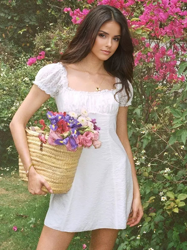 Elegant Adjustable Straps Lace Balloon Short-Sleeved Mini Dress