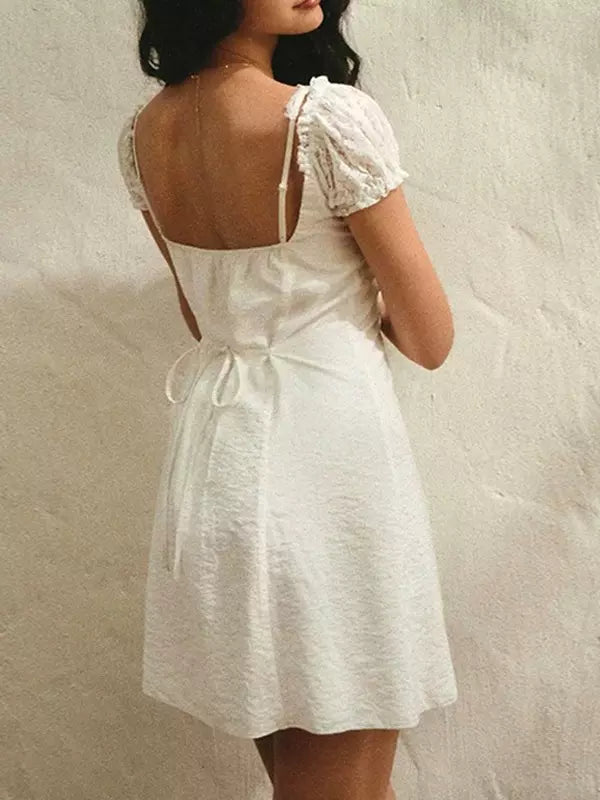 Elegant Adjustable Straps Lace Balloon Short-Sleeved Mini Dress