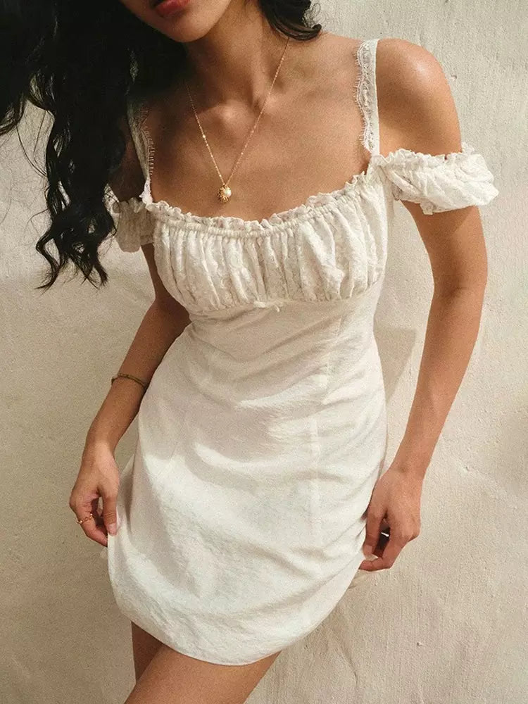 Elegant Adjustable Straps Lace Balloon Short-Sleeved Mini Dress
