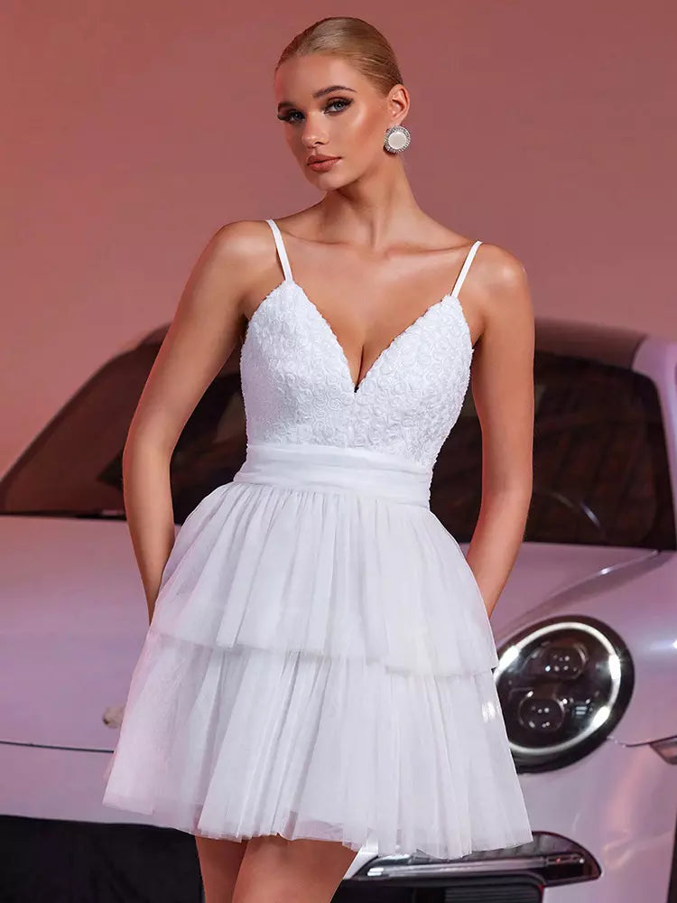 Elegant Adjustable Straps V-Neck With Flowers Design Layered Mini Slip Dress