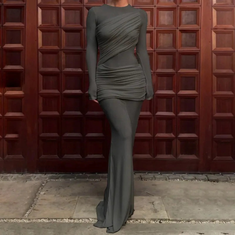 Elegant Ankle-Length Silky Slim Fit Long Sleeve Robe Maxi Dress