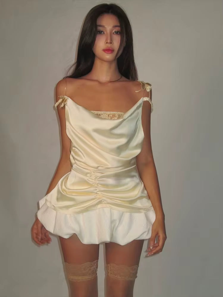 Elegant Appliques Bow Backless Elastic Waist Patchwork Two Piece Set