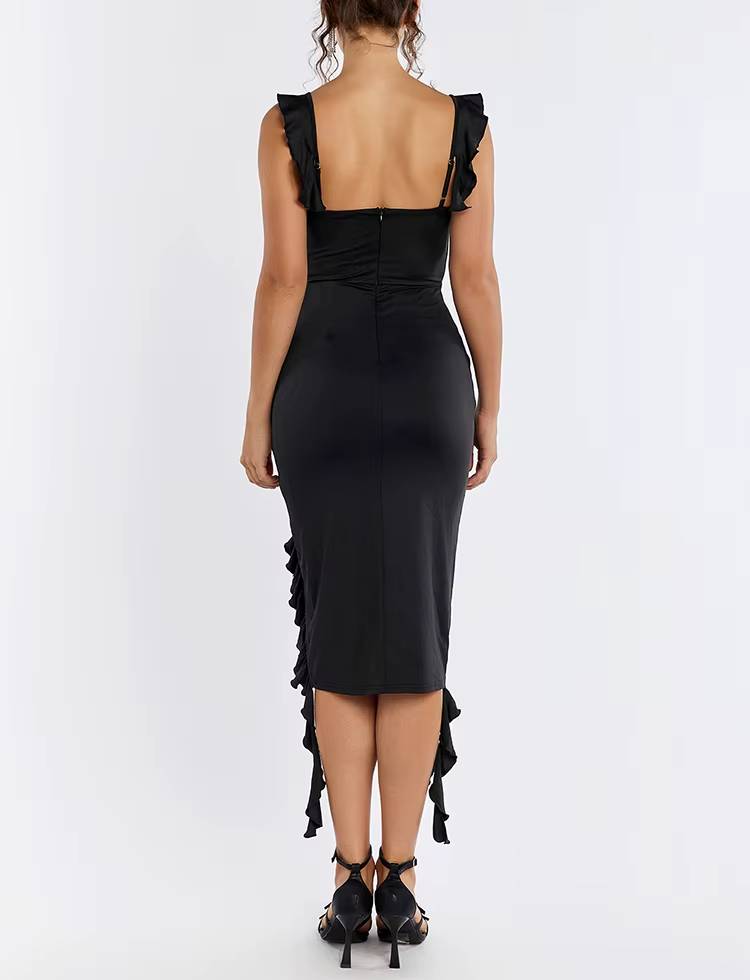 Elegant Asymmetric Ruffle Square Collar Neck Pencil Midi Dress Streetwear